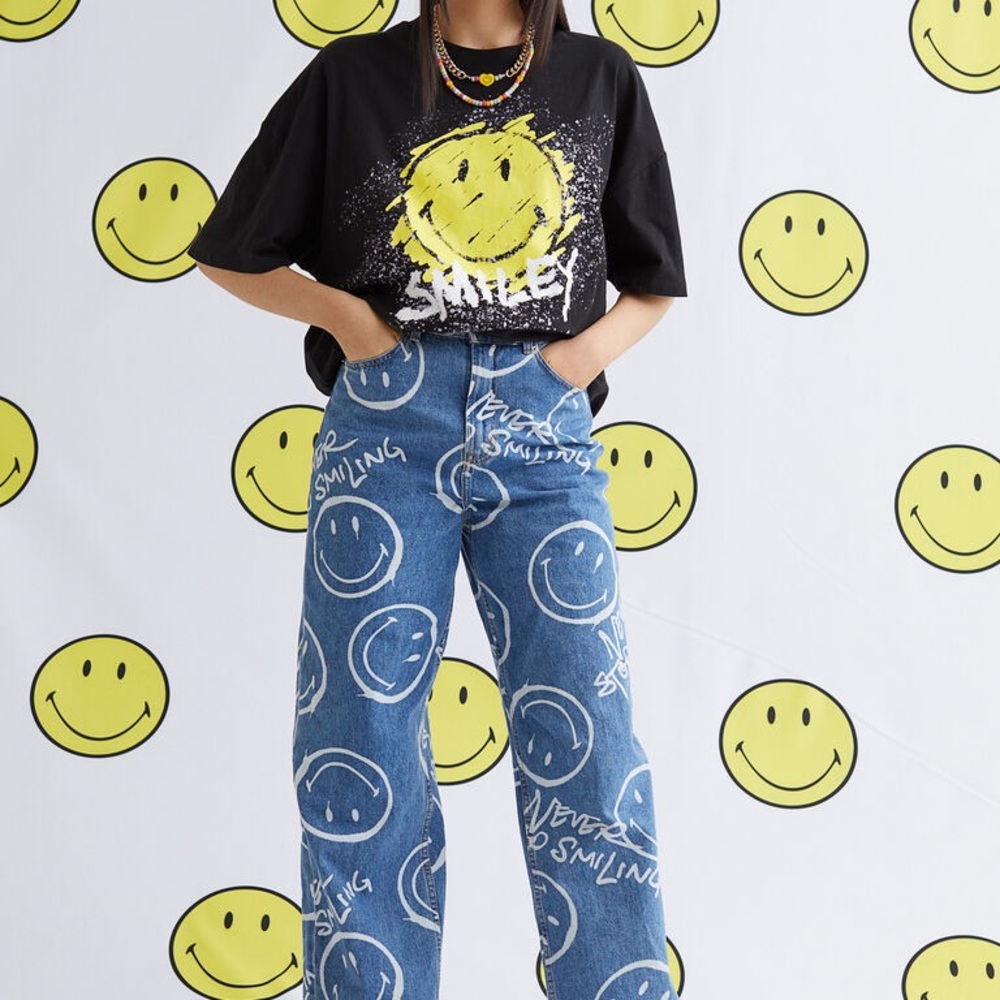 H&M x Smiley Wide Leg High Rise Never Stop Smiling Smiley Jeans 2